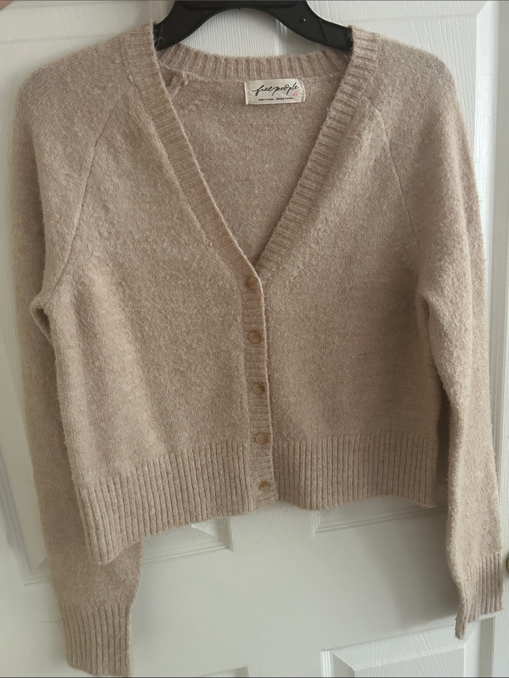 Free People Fuzzy Beige V-Neck Button-Up Cardigan